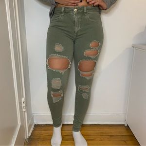 American Eagle Super Stretch X khaki green ripped skinny jeans